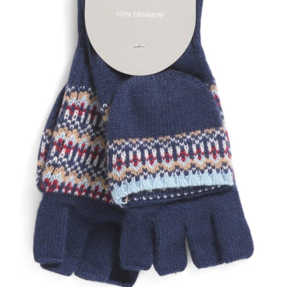 NEW HANNAH ROSE Cashmere Nordic Fair Isle Flip Top Gloves  Blue Multi 362mn - Picture 1 of 4